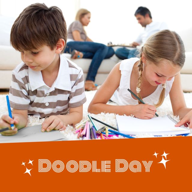 Doodle day text over orange banner over caucasian brother and sister doodling on a paper at home. Doodle day awareness concept