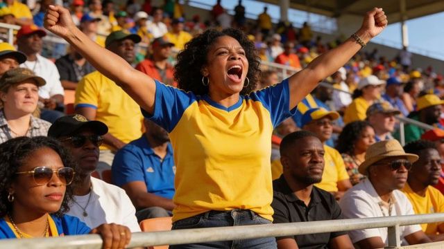 Energetic female sports fan cheering with arms raised in sunlit stadium crowd next to metal railing