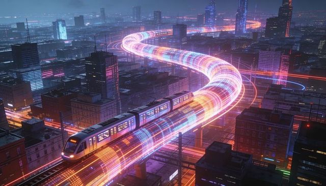 Gliding neon train on elevated viaduct through futuristic city nightscape with light ribbon