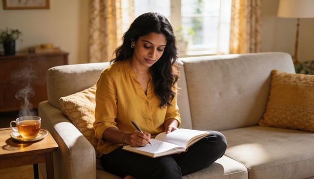 Woman journaling on cozy sofa with steaming tea in sunlit living room calm home lifestyle