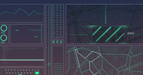 Futuristic Digital Interface with Maps and Data Visualization