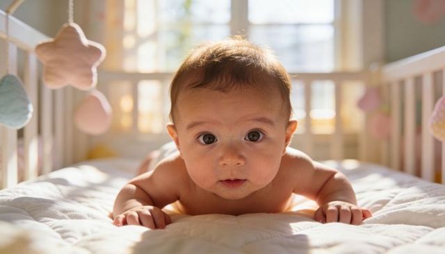 Baby lifting head during tummy time in sunlit nursery crib with pastel star mobile