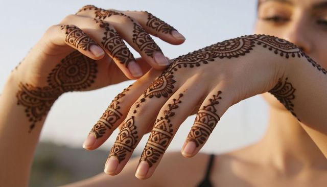 Intricate henna mandala on female hands at golden hour showcasing ornate mehndi closeup