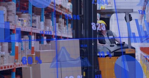 Warehouse forklift operator driving pallet boxes amid analytics overlay logistics data