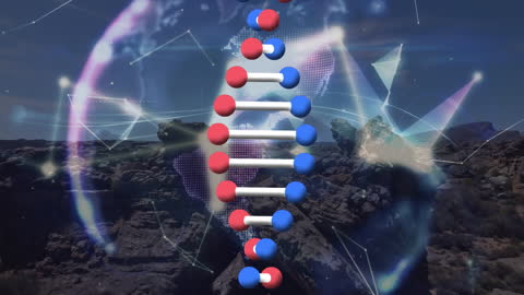 Futuristic DNA Helix against Global Network Background