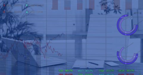 Digital overlay of financial data in modern office atmosphere