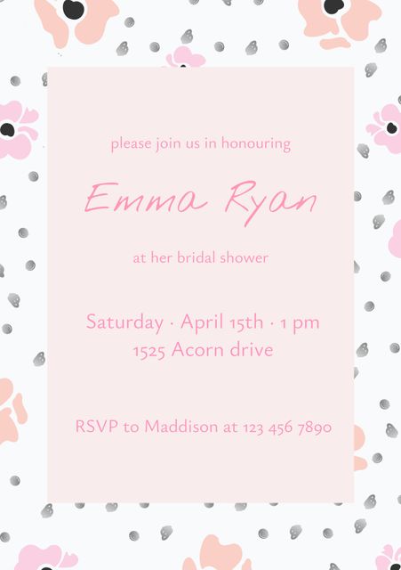 Floral pink bridal shower invitation with polka dot background. Great for wedding-related events, party planning, and RSVP coordination.