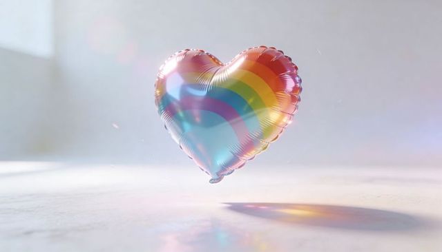 Floating iridescent rainbow heart balloon casting soft pastel reflection and shadow