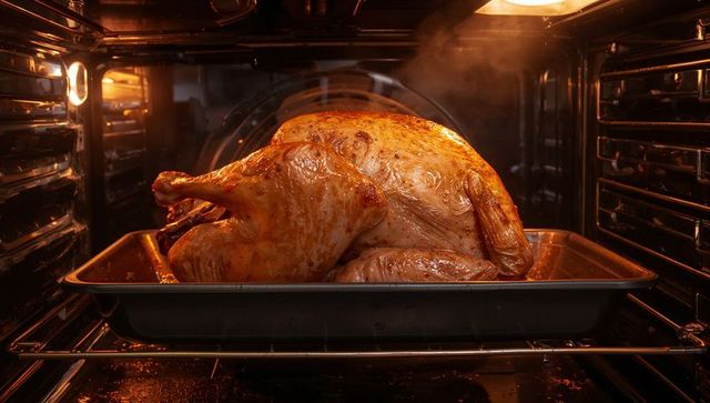 Golden roasted turkey browning in stainless oven with steam and glazed skin closeup