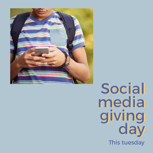 Young Biracial Man Using Smartphone Promoting Social Media Giving Day - Download Free Stock Templates Pikwizard.com