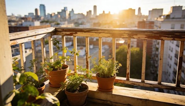 Sunlit urban balcony herb garden in terracotta pots with weathered railing at golden hour