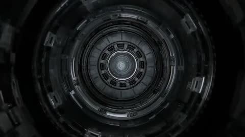Camera pulling into rotating metallic core shaft revealing concentric industrial hub showing cables