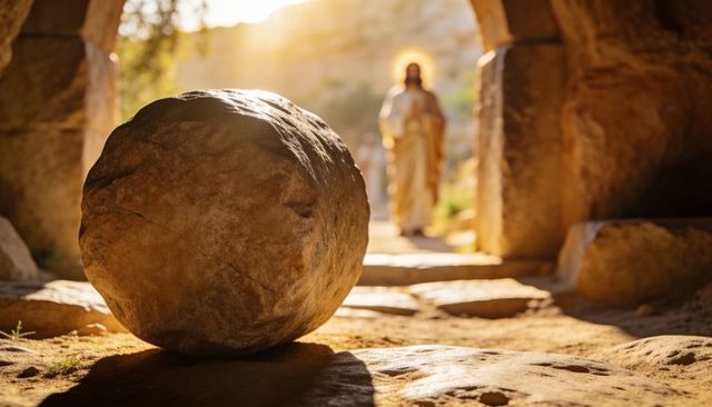 Sunlit empty tomb with rolled stone and glowing robed figure emerging at sunrise
