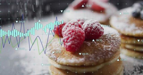 Breakfast analytics: pancake stack with raspberries and powdered sugar overlaying charts