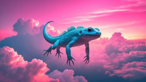Vibrant turquoise lizard gliding above dream-like pink clouds