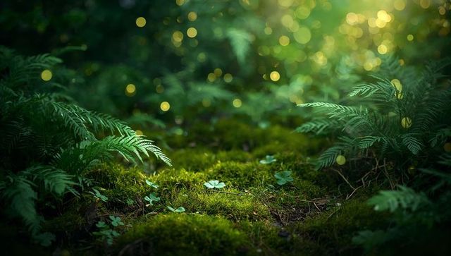 Mossy forest floor capturing golden bokeh light with ferns, clover and tranquil greenery