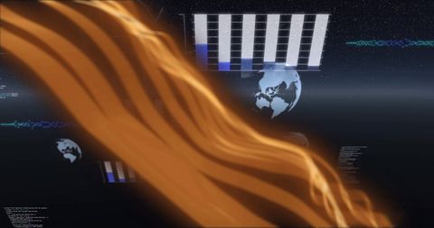 Flowing Orange Waves Over Digital Data and Earth Symbols