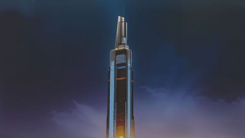 Futuristic LED-lit Skyscraper Tower Rising at Dusk with Spire Antenna and Neon Accents