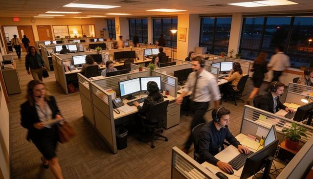 Working team collaborating in busy cubicle call center at dusk with cityscape view