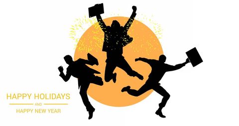 Silhouettes of Jumping Businessmen Celebrating Holidays with Fireworks