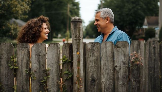 Friendly neighbors chatting over rustic picket fence in suburb