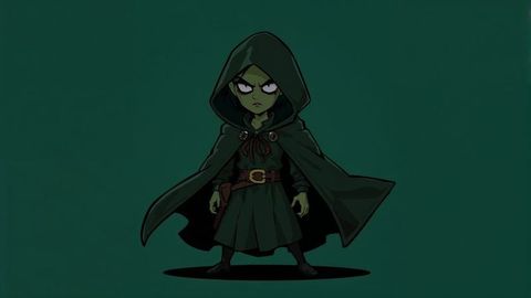 Mystical hooded assassin character with green skin in dark robe