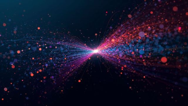 Radiating neon particle burst sending symmetrical light streams and multicolor bokeh