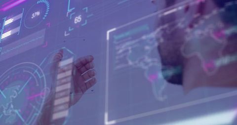 Man Touching Futuristic Holographic Global Data Interface with Neon Analytics Overlay