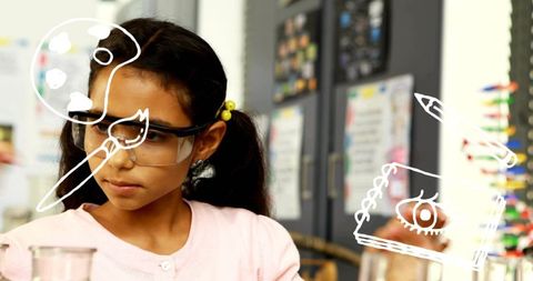 Hispanic girl conducting science experiment wearing safety goggles with doodle overlays