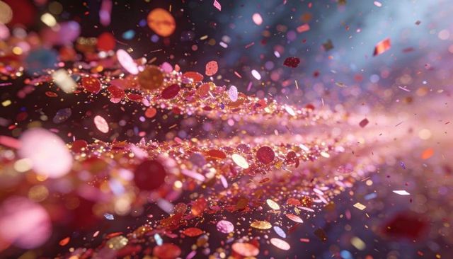 Flowing warm-toned confetti and glitter stream with bokeh sparkle and sequins
