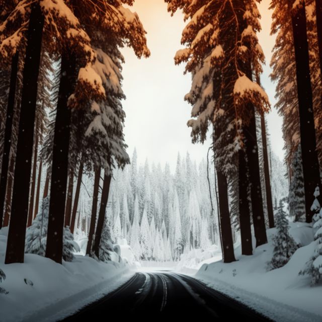 Scenic winter snow landscape with road in forest, created using generative ai technology. Winter, snow scenery, weather and beauty in nature concept digitally generated image.