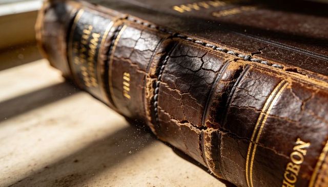 Sunlight illuminating cracked leather book spine with gilded gold trim and dust motes, vintage tome