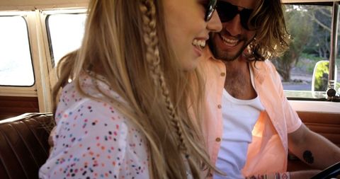 Cheerful Hipster Couple Enjoying Road Trip in Vintage Van - Download Free Stock Images Pikwizard.com