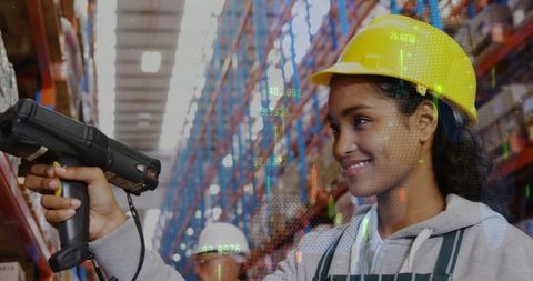Female Warehouse Worker Scans Inventory Amidst Data Overlay