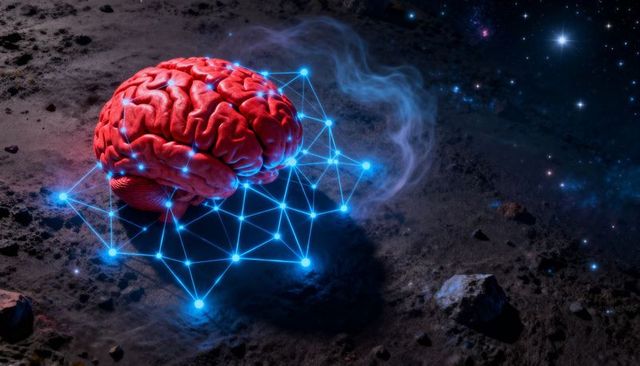 Resting Red Brain Glowing on Lunar Surface Emitting Blue Neural Grid and Cosmic Connectome