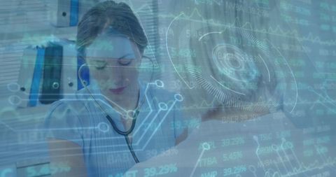 Futuristic Interface with Doctor Analyzing Digital Financial Data