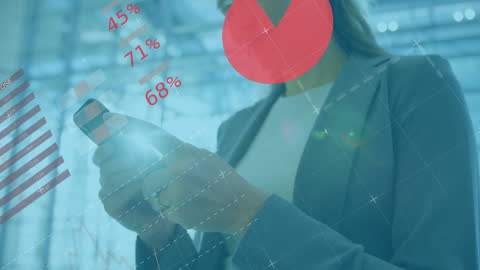 Businesswoman Analyzing Data with Mobile Phone in Office Lobby