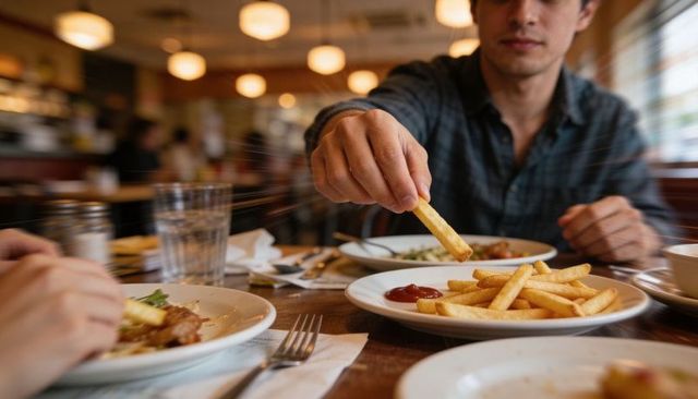 Young man reaching for french fry at busy diner table sharing fries and ketchup