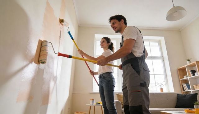 Young couple painting living room wall with rollers during home renovation, bright daylight