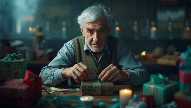 Senior man handcrafting gift box surrounded by holiday decor