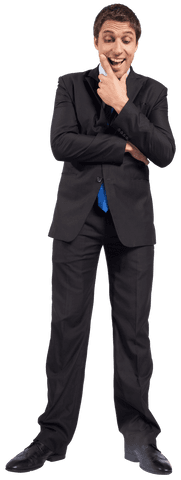Caucasian businessman in suit pondering on transparent background
