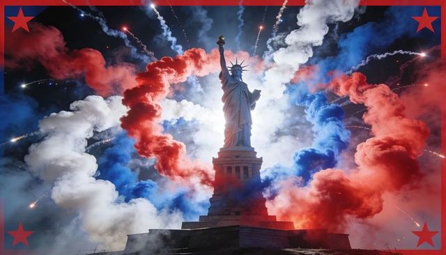Statue of liberty standing amid red white blue smoke, fireworks and patriotic illumination