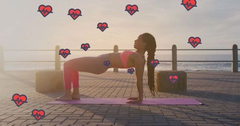 Woman Practicing Patio Exercise with Heart Icons