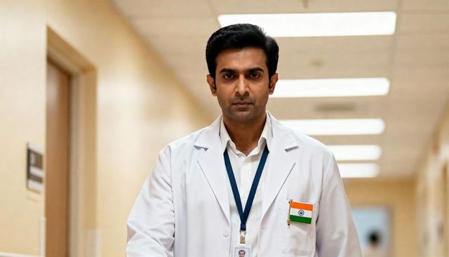 Indian doctor standing confidently in hospital corridor wearing white coat and id badge