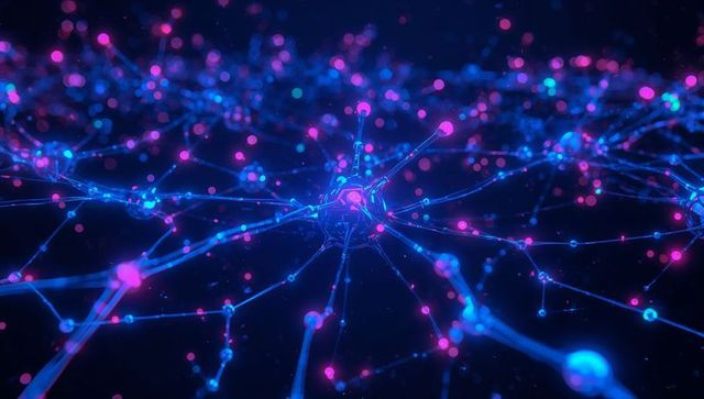 Neon neural network hub glowing with radial filaments and bokeh nodes for ai concepts