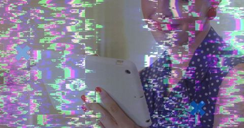 Woman in Polka Dot Blouse Using Tablet with Futuristic Glitch Overlay