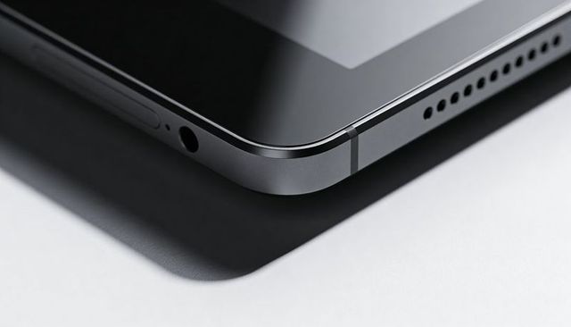 Tablet corner close-up with glass display, aluminum bezel, speaker grille and port