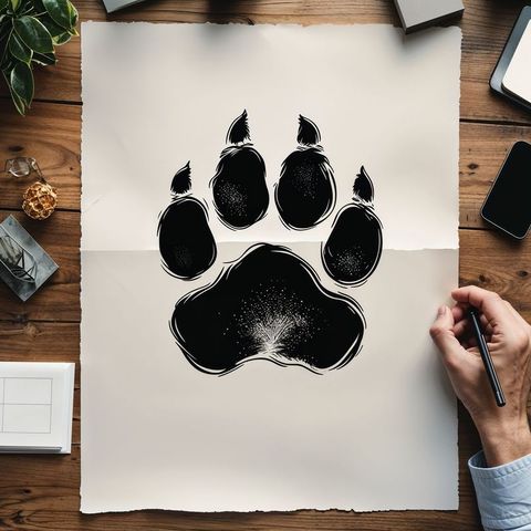 Artist drawing paw print at home desk for creative design