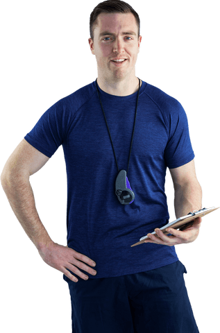 Athletic male trainer using clipboard with transparent background