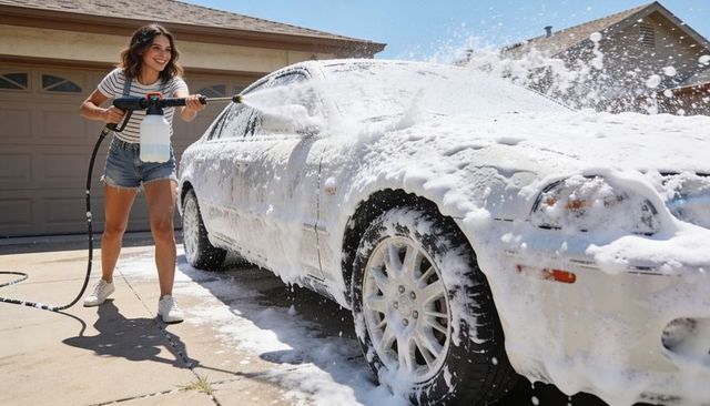 Smiling woman washing car with foam cannon on sunny driveway, diy car wash lifestyle